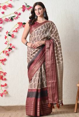 beige cotton blend paisley print golden zari woven border saree with unstitched blouse piece 1