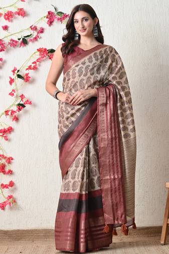 beige cotton blend paisley print golden zari woven border saree with unstitched blouse piece