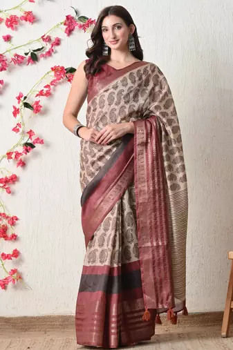 beige cotton blend paisley print golden zari woven border saree with unstitched blouse piece