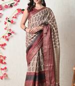 beige cotton blend paisley print golden zari woven border saree with unstitched blouse piece