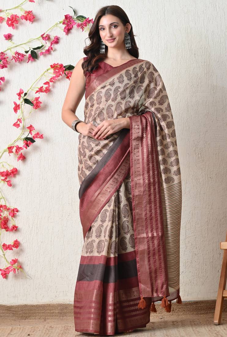 beige cotton blend paisley print golden zari woven border saree with unstitched blouse piece