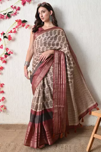 beige cotton blend paisley print golden zari woven border saree with unstitched blouse piece