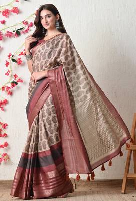 beige cotton blend paisley print golden zari woven border saree with unstitched blouse piece 3