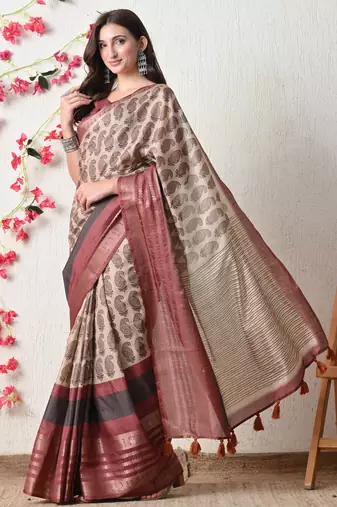 beige cotton blend paisley print golden zari woven border saree with unstitched blouse piece
