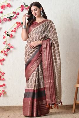 beige cotton blend paisley print golden zari woven border saree with unstitched blouse piece 4