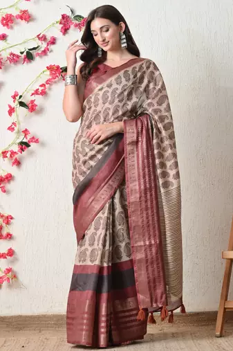 beige cotton blend paisley print golden zari woven border saree with unstitched blouse piece