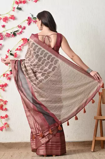 beige cotton blend paisley print golden zari woven border saree with unstitched blouse piece