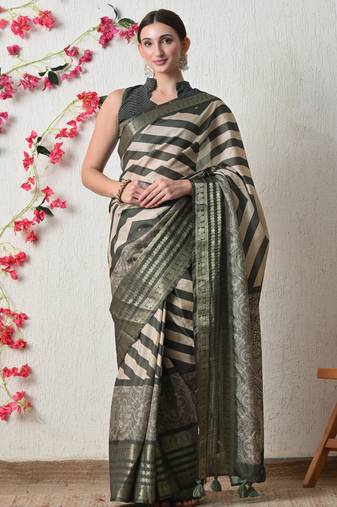 green cotton blend stripes print golden zari woven border saree with unstitched blouse piece