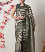 green cotton blend stripes print golden zari woven border saree with unstitched blouse piece