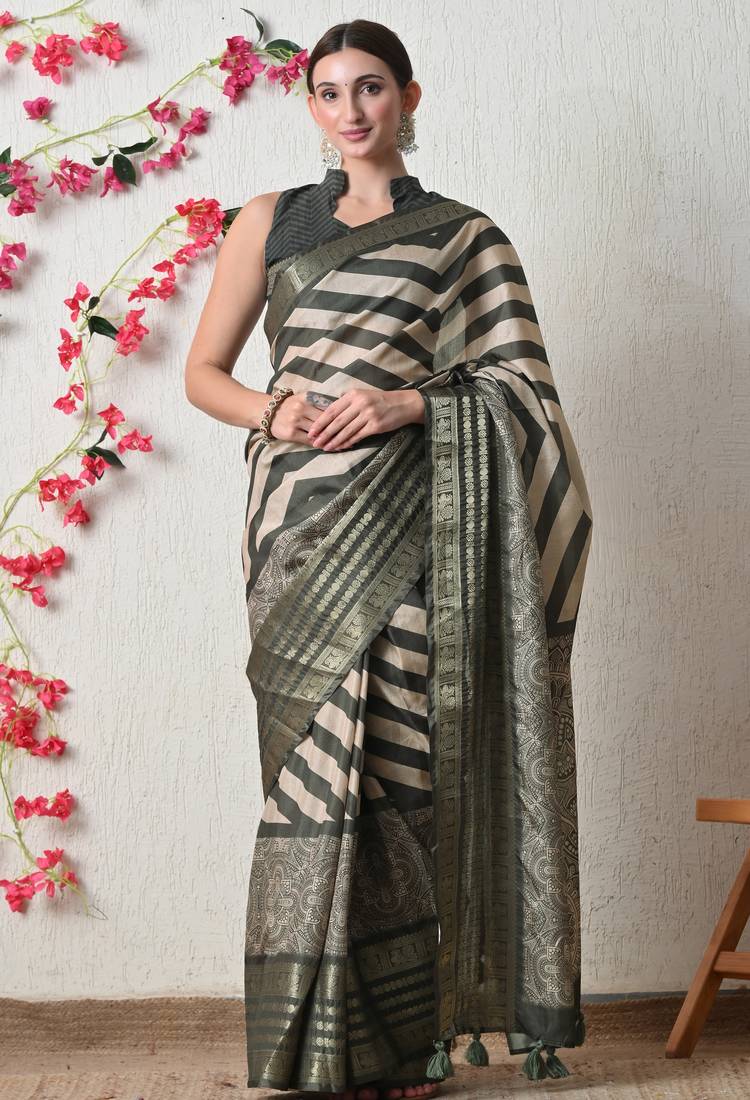 green cotton blend stripes print golden zari woven border saree with unstitched blouse piece