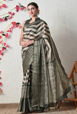 green cotton blend stripes print golden zari woven border saree with unstitched blouse piece 2