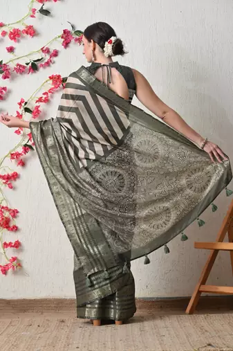 green cotton blend stripes print golden zari woven border saree with unstitched blouse piece