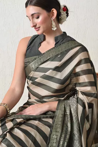 green cotton blend stripes print golden zari woven border saree with unstitched blouse piece