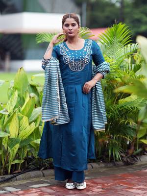 Heavy embroidered peacock blue pleated kurta set with silk dupatta & pant pair 1