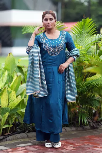 Heavy embroidered peacock blue pleated kurta set with silk dupatta & pant pair