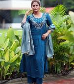 Heavy embroidered peacock blue pleated kurta set with silk dupatta & pant pair