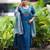 Heavy embroidered peacock blue pleated kurta set with silk dupatta & pant pair