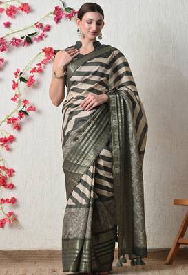 green cotton blend stripes print golden zari woven border saree with unstitched blouse piece 5