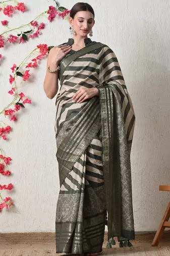green cotton blend stripes print golden zari woven border saree with unstitched blouse piece