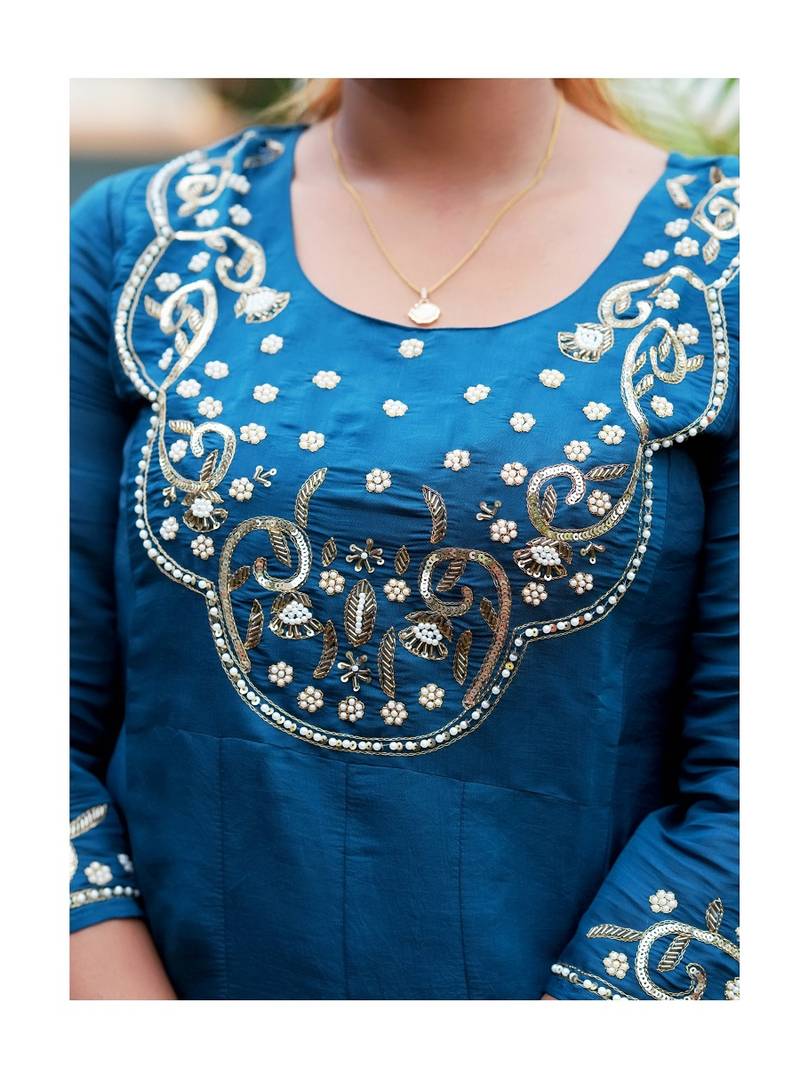 Heavy embroidered peacock blue pleated kurta set with silk dupatta & pant pair