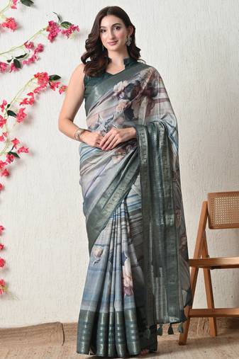 teal cotton blend floral print golden zari woven border saree with unstitched blouse piece