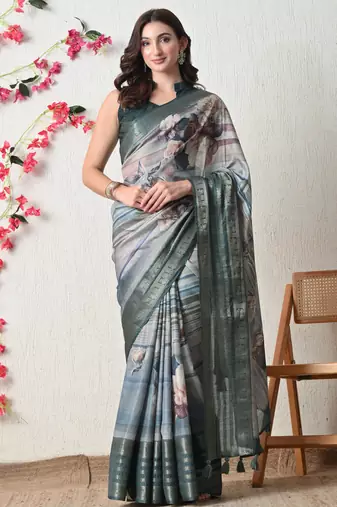 teal cotton blend floral print golden zari woven border saree with unstitched blouse piece