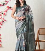 teal cotton blend floral print golden zari woven border saree with unstitched blouse piece