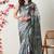 teal cotton blend floral print golden zari woven border saree with unstitched blouse piece