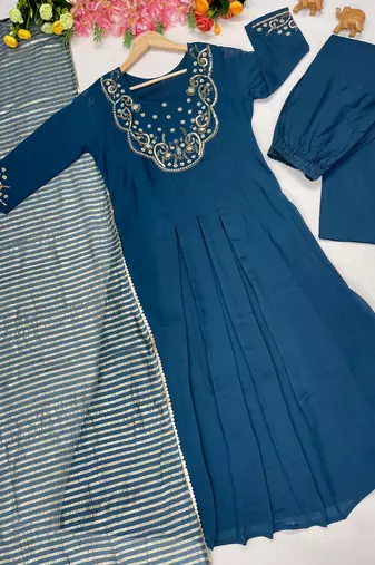Heavy embroidered peacock blue pleated kurta set with silk dupatta & pant pair