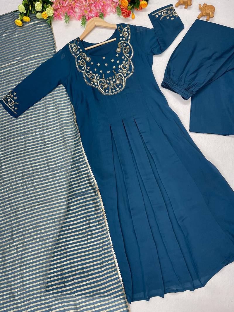 Heavy embroidered peacock blue pleated kurta set with silk dupatta & pant pair