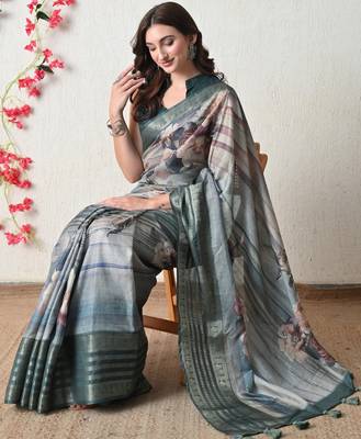 teal cotton blend floral print golden zari woven border saree with unstitched blouse piece 2