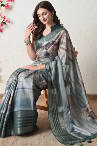 teal cotton blend floral print golden zari woven border saree with unstitched blouse piece