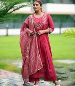 Heavy embroidered peacock red pleated kurta set with silk dupatta & pant pair
