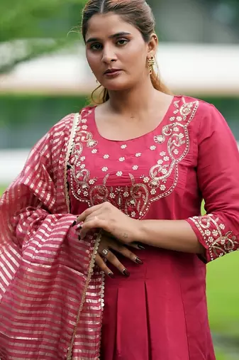 Heavy embroidered peacock red pleated kurta set with silk dupatta & pant pair