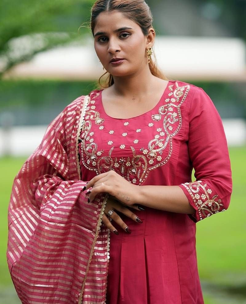 Heavy embroidered peacock red pleated kurta set with silk dupatta & pant pair