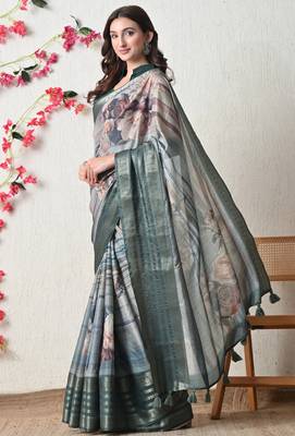 teal cotton blend floral print golden zari woven border saree with unstitched blouse piece 3