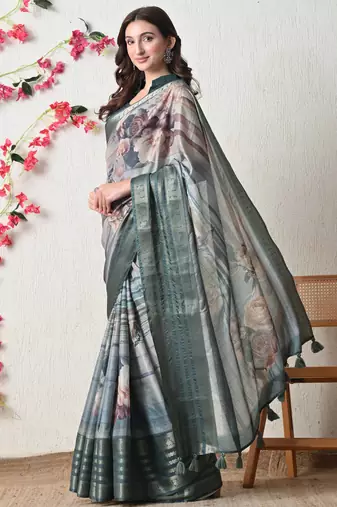teal cotton blend floral print golden zari woven border saree with unstitched blouse piece