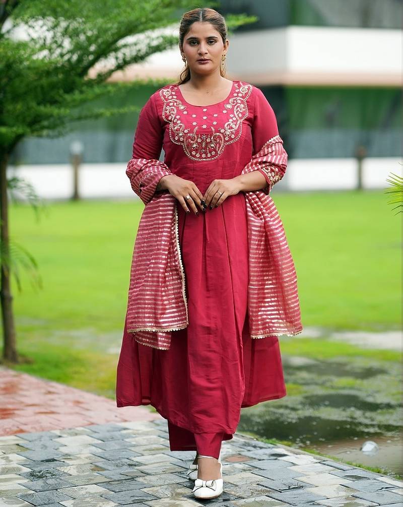 Heavy embroidered peacock red pleated kurta set with silk dupatta & pant pair