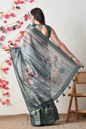 teal cotton blend floral print golden zari woven border saree with unstitched blouse piece