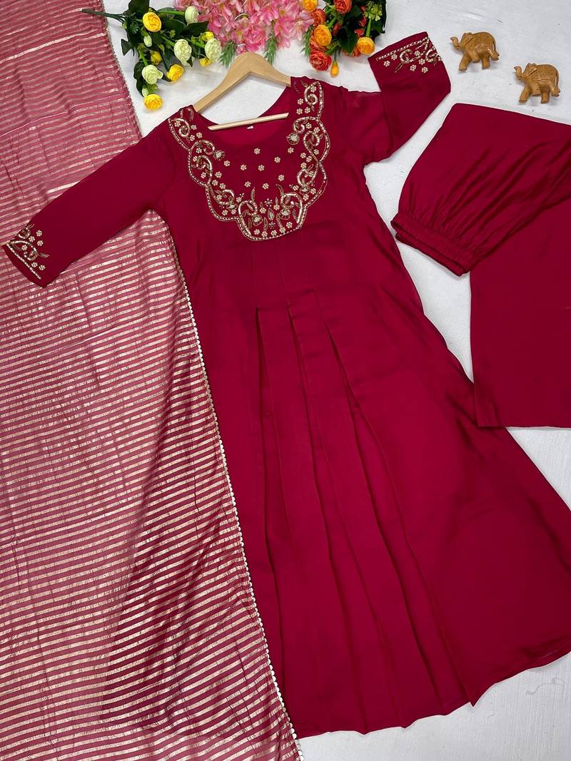 Heavy embroidered peacock red pleated kurta set with silk dupatta & pant pair