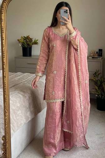 Designer pink embroidered kurta sharara suit for bridesmaid & festivals