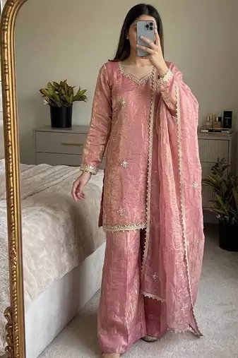 Designer pink embroidered kurta sharara suit for bridesmaid & festivals