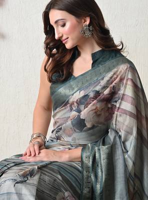 teal cotton blend floral print golden zari woven border saree with unstitched blouse piece 5
