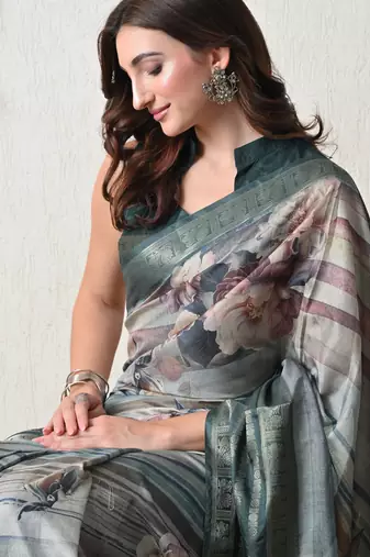 teal cotton blend floral print golden zari woven border saree with unstitched blouse piece