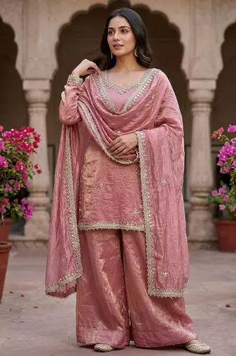 Designer pink embroidered kurta sharara suit for bridesmaid & festivals