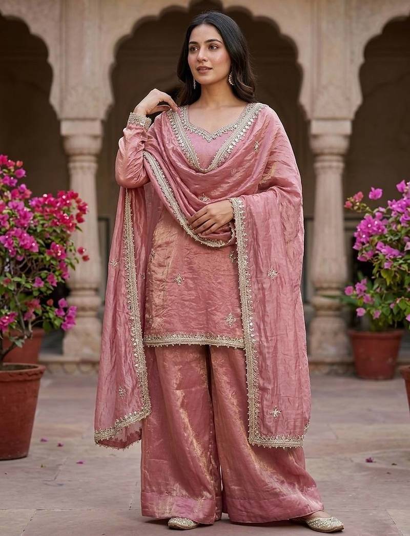 Designer pink embroidered kurta sharara suit for bridesmaid & festivals