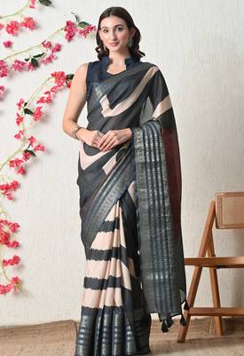 blue cotton blend stripes print golden zari woven border saree with unstitched blouse piece 1