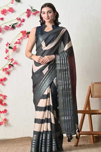 blue cotton blend stripes print golden zari woven border saree with unstitched blouse piece