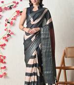 blue cotton blend stripes print golden zari woven border saree with unstitched blouse piece