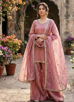 Designer pink embroidered kurta sharara suit for bridesmaid & festivals 3